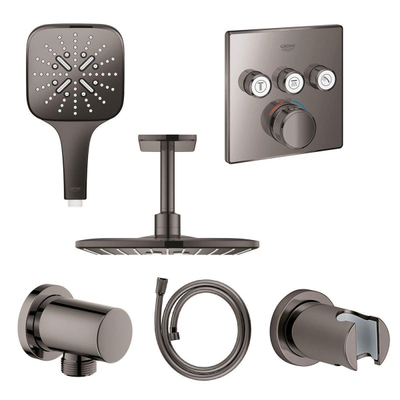 GROHE Rainshower Smartactive Regendoucheset Opbouw -hoofddouche vierkant 31cm - handdouche vierkant - plafondarm - inbouwbox -hard graphite