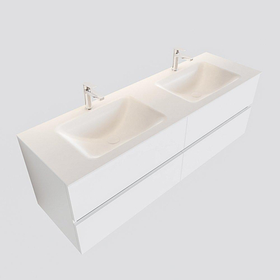 MONDIAZ VICA Badkamermeubelset - 150cm - 4 lades - wasbak Cloud dubbel - 2 kraangaten - solid surface talc