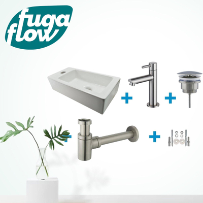 FugaFlow Eccelente Sobrado Badkamer Fonteinset - links - 1 kraangat - fonteinkraan geborsteld RVS - wit