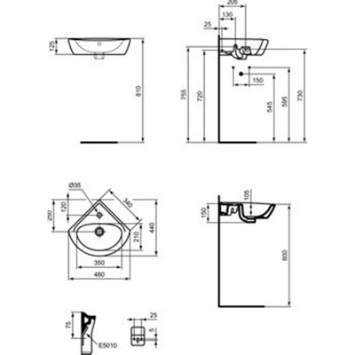 Ideal Standard Eurovit hoekfontein met kraangat met overloop 34x34cm keramiek wit