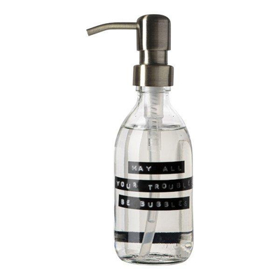 Wellmark Handzeep helder glas messing pomp 250ml tekst MAY ALL YOUR TROUBLES BE BUBBLES Zwart label SHOWROOMMODEL