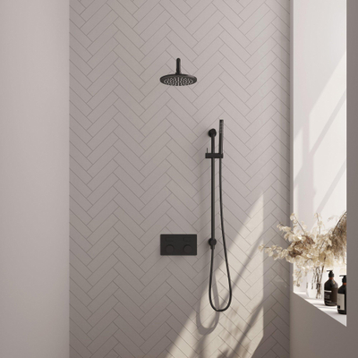 BRAUER Black Carving Thermostatische Regendouche inbouw - drukknoppen - SET 63 - 20cm hoofddouche - gebogen muurarm - staaf handdouche - doucheslang - geïntegreerde glijstang - zwart mat