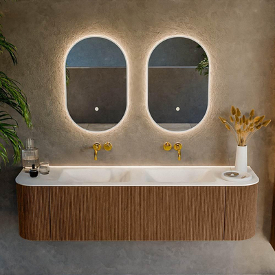 MONDIAZ KURVE 170cm badmeubel met module 25 Len R kleur Walnut met 1 lade en 2 deuren. Wastafel CLOUD dubbel zonder kraangat Talc.