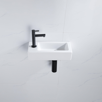 QeramiQ Fuente Fonteinset - 37.5x18.5x9cm - keramiek - kraangat links - fonteinkraan zwart mat - afvoerplug - verlaagd sifon - Glans wit