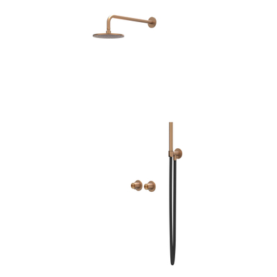 IVY Concord Regendoucheset - inbouw - symmetry - 2-weg stop-omstel - 20cm plafondbuis - 30cm medium hoofddouche - houder met uitlaat - 150cm doucheslang - staafmodel handdouche - RVS316 - geborsteld mat koper PVD