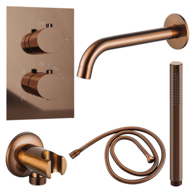 Fortifura Calvi Badkraan set - uitloop - 22cm inkortbaar - metalen slang - staafhanddouche - inbouwdeel - wandhouder - geborsteld koper PVD