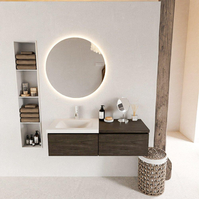 MONDIAZ BUKLA 120cm badmeubel met module 60 kleur Dark Brown met 2 lades. Wastafel CLOUD links 1 kraangat kleur Talc.