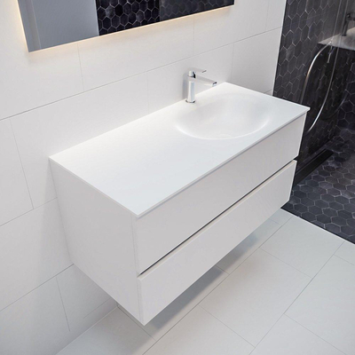 MONDIAZ VICA Badkamermeubelset - 100cm - 2 lades - wasbak Moon rechts - 1 kraangat - solid surface talc