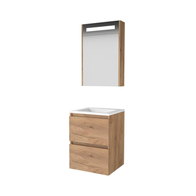 Basic-Line Premium 46 badkamermeubelset - 50x46cm - greeploos - 2 lades - acryl wastafel - 1 kraangat - Spiegelkast - geintegreerde LED verlichting - MFC Whisky Oak