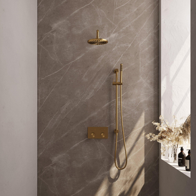 BRAUER Gold Carving Thermostatische Regendouche inbouw - drukknoppen - SET 63 - 20cm hoofddouche - gebogen muurarm - staaf handdouche - doucheslang - geïntegreerde glijstang - goud geborsteld PVD