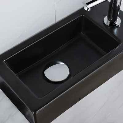 QeramiQ Fuente Fonteinset - 37.5x18.5x9cm - keramiek - kraangat rechts - fonteinkraan chroom - afvoerplug - verlaagd sifon - Mat Zwart