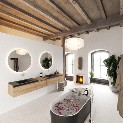 MONDIAZ BUKLA 240cm badmeubel met module 40 links kleur Washed Oak met 4 lades. Wastafel CLOUD dubbel 0 kraangaten kleur Urban.