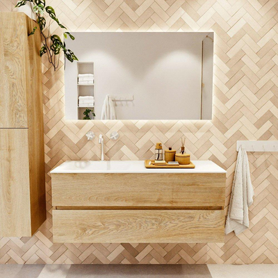 MONDIAZ VICA 120cm badmeubel onderkast Washed Oak 2 lades. Wastafel CLOUD links 1 kraangat, kleur Talc.