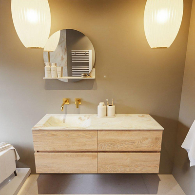 MONDIAZ VICA-DLUX Badkamermeubelset - 130cm - onderkast washed oak - 4 lades - inbouw wastafel cloud links - zonder kraangaten - 60cm hoge versie - frape
