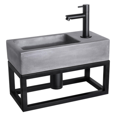 Differnz Ravo fonteinset - 38.5x18.5x25cm - Rechthoek - 1 kraangat - Recht matte zwarte kraan - met zwart frame - beton donkergrijs