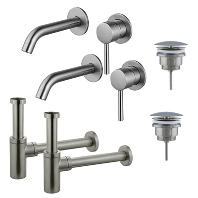 FugaFlow Eccelente Sobrado Badkamer Slim Wastafelkraanset - voor dubbele wastafel - inbouw wastafelkraan - always open plug - design sifon - PVD Geborsteld RVS -