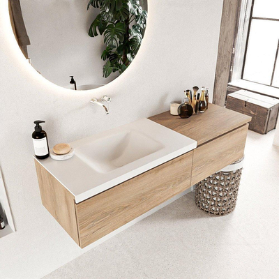 Mondiaz BUKLA Badkamermeubelset - 140x45x34cm - 0 kraangaten - wasbak links - solid surface - Talc - greeploos - 2 lades - Melamine - Washed Oak