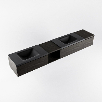 MONDIAZ BUKLA 240cm badmeubel met open module 40 links kleur Dark Brown met 3 lades. Wastafel CLOUD dubbel 0 kraangaten kleur Urban.