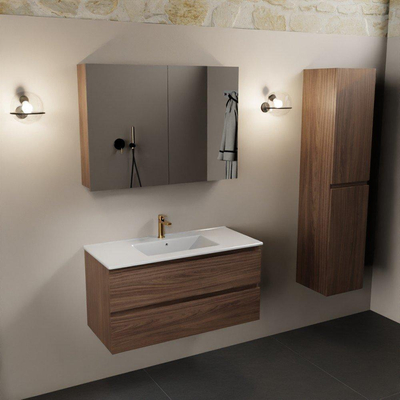 Mondiaz Aivy badmeubelset - 100x45x50cm - 1 kraangat - 1 wasbak talc Keramiek - Midden - 2 lades - Met spiegelkast - Melamine Mocha