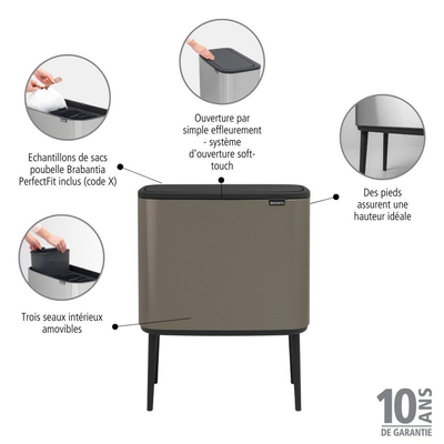 Brabantia Bo Touch Bin Afvalemmer - 3x11 liter - 3 kunststof binnenemmers - platinum