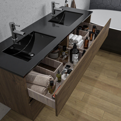 Adema Chaci Badkameronderkast - 140cm - 4 lades - greeploos - zwart keramieke wastafel - overloop - 2 wasbakken - 2 kraangaten - noten