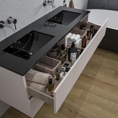 Adema Chaci Badkameronderkast - 140cm - 4 lades - greeploos - zwart keramieke wastafel - overloop - 2 wasbakken - zonder kraangaten - mat cotton (beige)