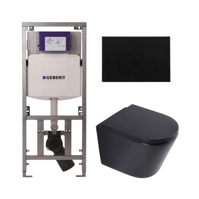 QeramiQ Dely Toiletset - 36.3x51.7cm - diepspoel - rimless - Geberit UP320 inbouwreservoir - softclose toilet zitting 35 mm - kunststof mat zwarte bedieningsplaat - ronde knoppen - mat zwart