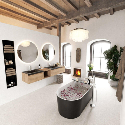 MONDIAZ BUKLA 200cm badmeubel met open module 40 links kleur Washed Oak met 3 lades. Wastafel CLOUD dubbel 2 kraangaten kleur Urban.