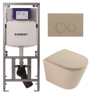 QeramiQ Dely Toiletset - 36.3x51.7cm - diepspoel - rimless - Geberit UP320 inbouwreservoir - softclose toilet zitting - bedieningsplaat taupe - ronde knoppen - mat beige