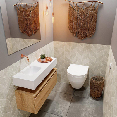 MONDIAZ ANDOR Toiletmeubel - 80x30x30cm - 0 kraangaten - 1 lades - washed oak mat - wasbak links - Solid surface - Wit