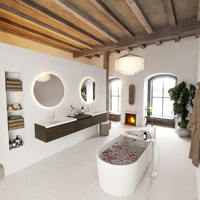 MONDIAZ BUKLA 220cm badmeubel met module 60 kleur Dark Brown met 3 lades. Wastafel CLOUD dubbel 2 kraangaten kleur Talc.