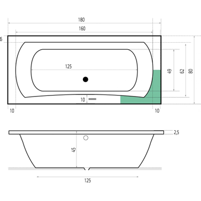 Xenz Robijn Inbouwbad - 180x80cm - inhoud 200L - met afvoer - Antraciet mat