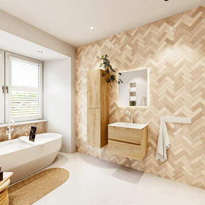 MONDIAZ VICA 60cm badmeubel onderkast Washed Oak 2 lades. Wastafel CLOUD midden 1 kraangat, kleur Talc.