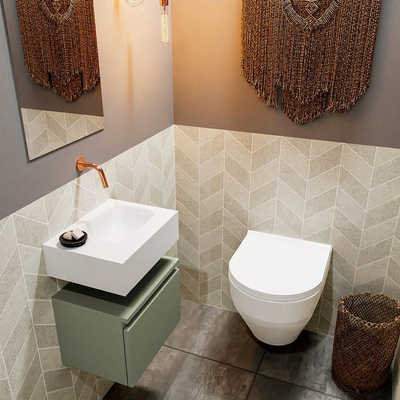 MONDIAZ ANDOR Toiletmeubel - 40x30x30cm - 0 kraangaten - 1 lades - army mat - wasbak rechts - Solid surface - Wit