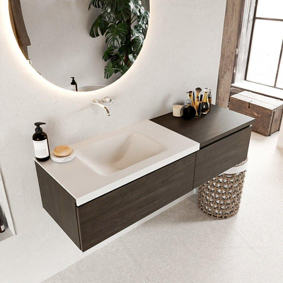 MONDIAZ BUKLA 140cm badmeubel met module 60 kleur Dark Brown met 2 lades. Wastafel CLOUD links 0 kraangaten kleur Talc.