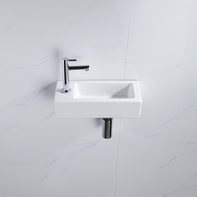 QeramiQ Fuente Fonteinset - 37.5x18.5x9cm - keramiek - kraangat links - fonteinkraan chroom - afvoerplug - verlaagd sifon - Glans wit