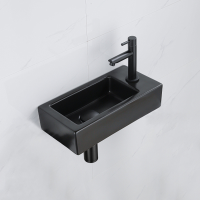 QeramiQ Fuente Fonteinset - 37.5x18.5x9cm - keramiek - kraangat rechts - fonteinkraan zwart mat - afvoerplug - verlaagd sifon - Mat Zwart