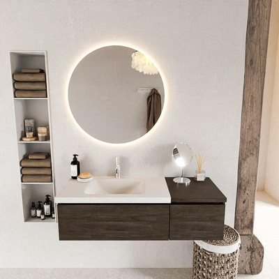 MONDIAZ BUKLA 120cm badmeubel met module 40 kleur Dark Brown met 2 lades. Wastafel CLOUD links 1 kraangat kleur Talc.