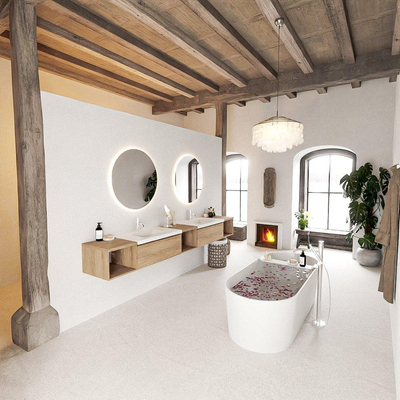 MONDIAZ BUKLA 280cm badmeubel met open module 40 L+M+R kleur Washed Oak met 2 lades. Wastafel CLOUD dubbel 2 kraangaten kleur Talc.