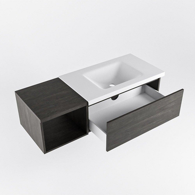 MONDIAZ BUKLA 120cm badmeubel met open module 40 kleur Dark Brown met 1 lade. Wastafel CLOUD rechts 0 kraangaten kleur Talc.