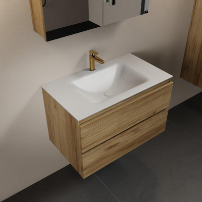 Mondiaz Aivy badmeubelset - 80x45x50cm - 1 kraangat - 1 wasbak talc Solid surface - Midden - 2 lades - Met spiegelkast - Melamine Chai