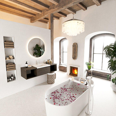 MONDIAZ BUKLA 140cm badmeubel met open module 40 L+R kleur Dark Brown met 2 lades. Wastafel CLOUD midden 1 kraangat kleur Talc.