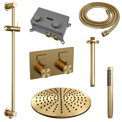 BRAUER Gold Edition Thermostatische Regendouche inbouw - drukknoppen - SET 66 - 30cm hoofddouche - plafondarm - staaf handdouche - doucheslang - geïntegreerde glijstang - goud geborsteld PVD