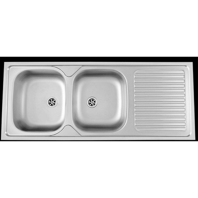 Nemo Start Merlot opbouwspoeltafel met 2 bakken met afdruip roestvaststaal omkeerbaar 1200x500 mm pluggen met overloopgarnituur zonder sifon