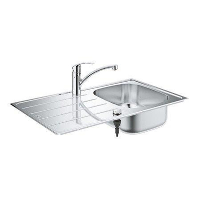 GROHE K200 spoelbak met afdruipgedeelte en Eurosmart eengreeps mengkraan lage uitloop eengatsmontage StarLight chroomafwerking SilkMove keramische cartouche 35 mm draaibare uitloop met rotatie 140