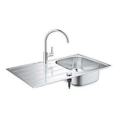 GROHE K200 spoelbak met afdruipgedeelte en Bau Edge eengreeps mengkraan hoge uitloop eengatsmontage StarLight chroomafwerking Longlife keramische cartouche 28 mm mousseur draaibare buisuitloop met rotatie 360
