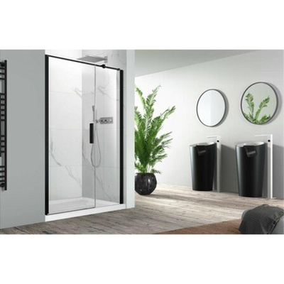 Nemo Pina Xl draaideur 150x200cm met vast paneel 6mm Helder veiligheidsglas met antikalk links en rechts Zwart