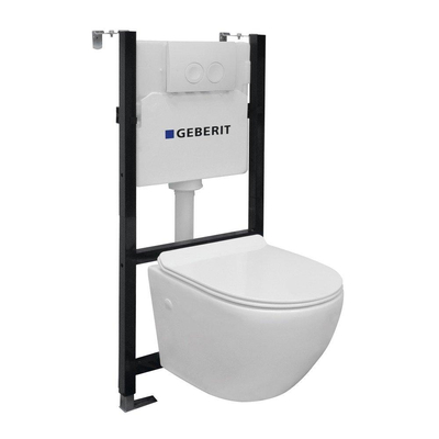 Nemo Go Aquaflow toiletset Spoelrandloos bestaande uit Geberit inbouwreservoir, met softclose toiletzitting quick release en bedieningsplaat wit